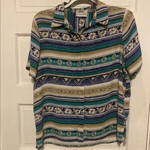 Alfred Dunner Blue and Green Button Up Floral Blouse